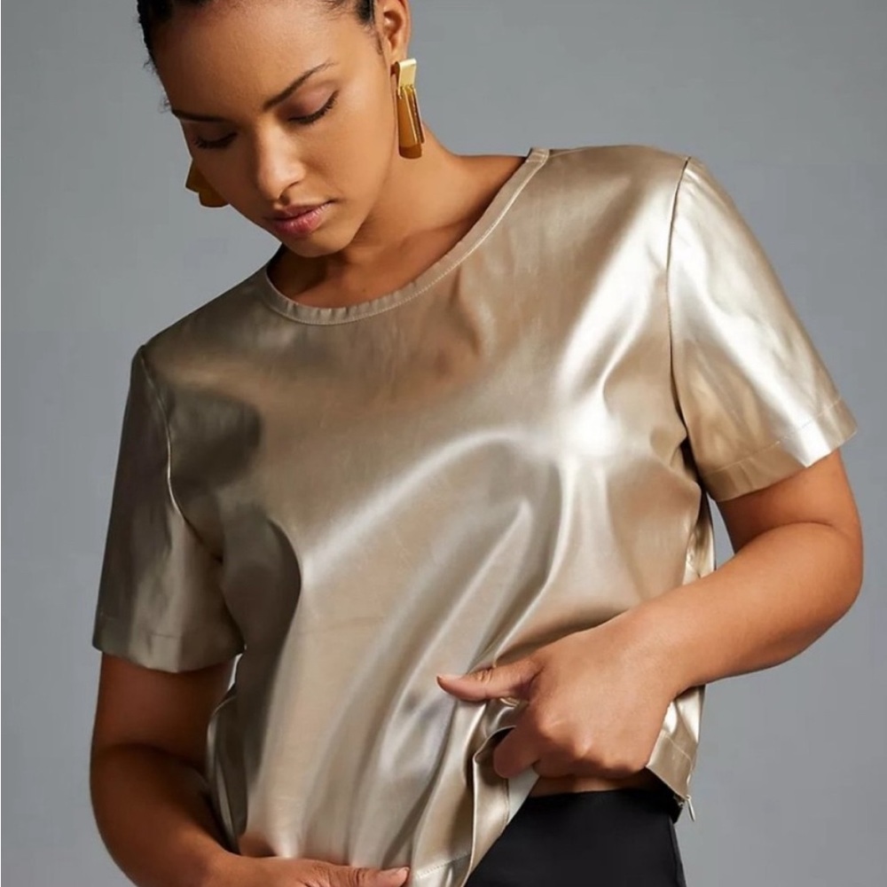 Anthropologie Porridge Metallic Collin Faux-Leather Short Sleeve Top Gold XSP